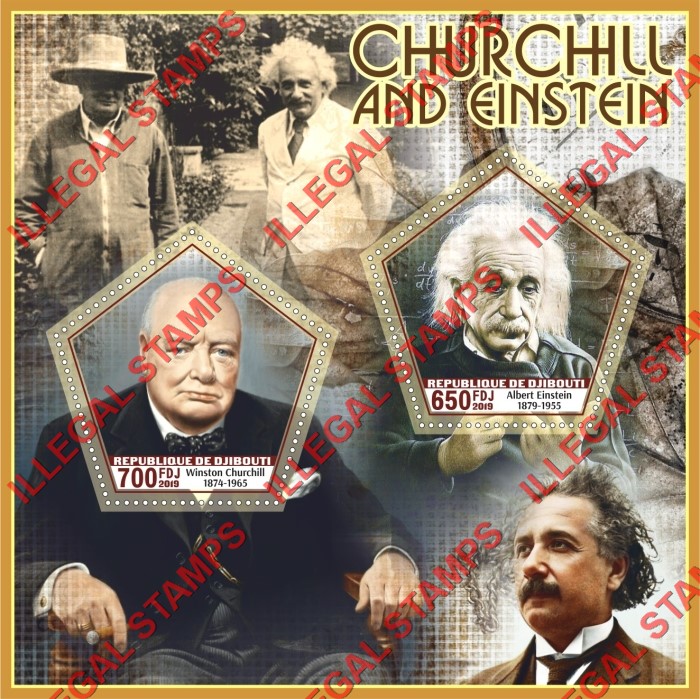 Djibouti 2019 Winston Churchill and Albert Einstein Illegal Stamp Souvenir Sheet of 2 Djibouti 2019 Winston Churchill and Albert Einstein Illegal Stamp Souvenir Sheet of 2