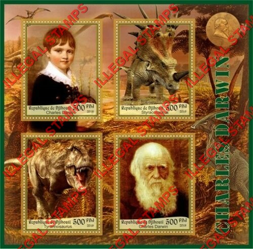 Djibouti 2019 Charles Darwin and Dinosaurs Illegal Stamp Souvenir Sheet of 4 Djibouti 2019 Charles Darwin and Dinosaurs Illegal Stamp Souvenir Sheet of 4