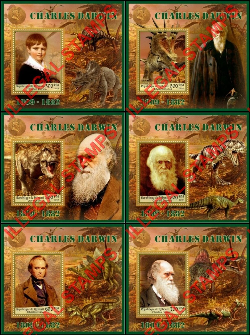 Djibouti 2019 Charles Darwin and Dinosaurs Illegal Stamp Souvenir Sheets of 1 Djibouti 2019 Charles Darwin and Dinosaurs Illegal Stamp Souvenir Sheets of 1