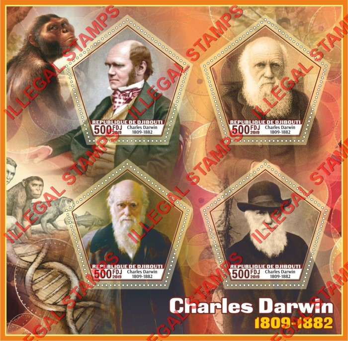Djibouti 2019 Charles Darwin and Prehistoric Man Illegal Stamp Souvenir Sheet of 4 Djibouti 2019 Charles Darwin and Prehistoric Man Illegal Stamp Souvenir Sheet of 4