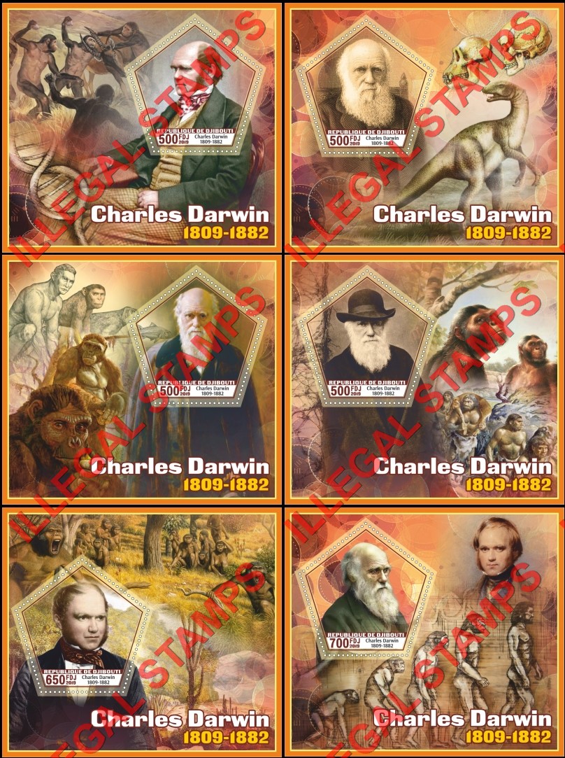 Djibouti 2019 Charles Darwin and Prehistoric Man Illegal Stamp Souvenir Sheets of 1 Djibouti 2019 Charles Darwin and Prehistoric Man Illegal Stamp Souvenir Sheets of 1