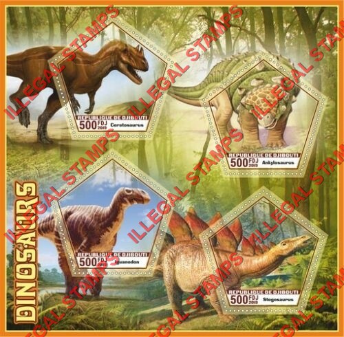 Djibouti 2019 Dinosaurs Illegal Stamp Souvenir Sheet of 4 Djibouti 2019 Dinosaurs Illegal Stamp Souvenir Sheet of 4