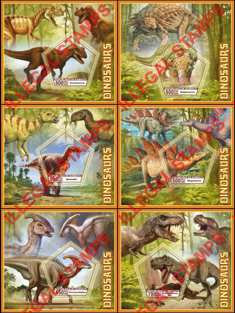 Djibouti 2019 Dinosaurs Illegal Stamp Souvenir Sheets of 1 Djibouti 2019 Dinosaurs Illegal Stamp Souvenir Sheets of 1