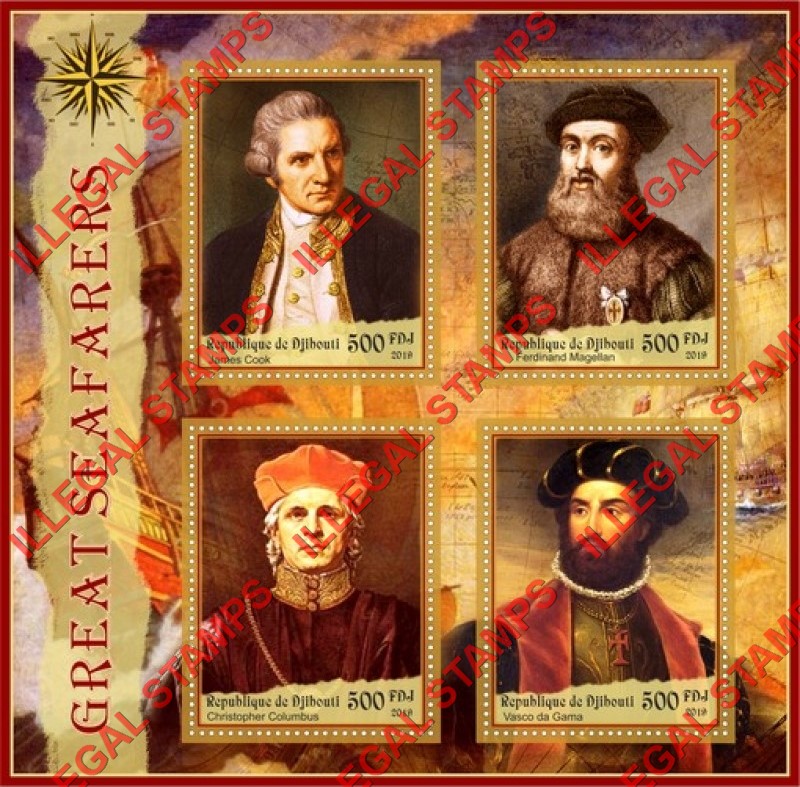 Djibouti 2019 Great Seafarers Illegal Stamp Souvenir Sheet of 4 Djibouti 2019 Great Seafarers Illegal Stamp Souvenir Sheet of 4