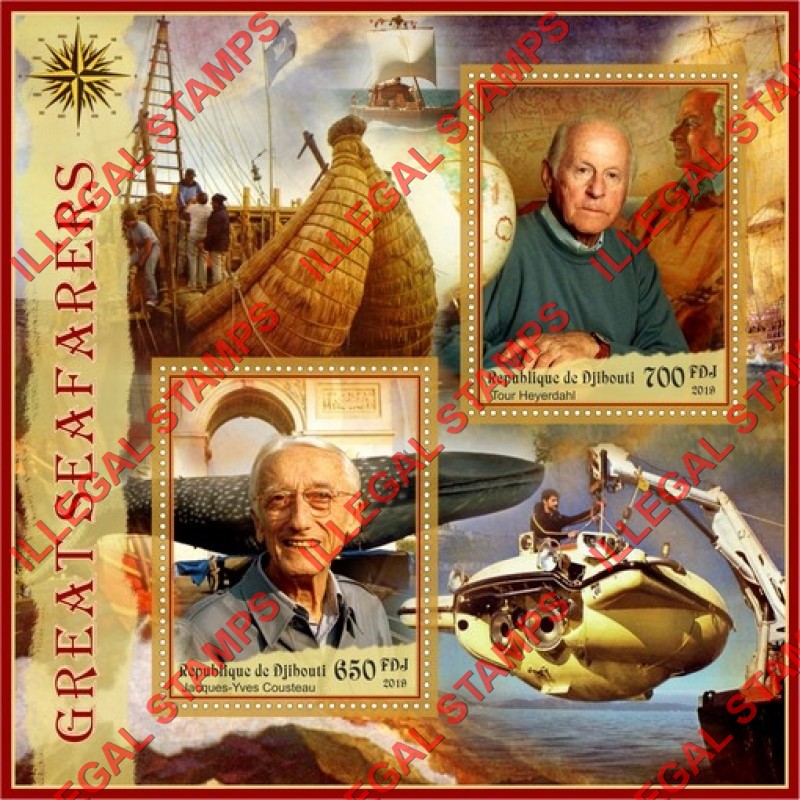 Djibouti 2019 Great Seafarers Illegal Stamp Souvenir Sheet of 2 Djibouti 2019 Great Seafarers Illegal Stamp Souvenir Sheet of 2