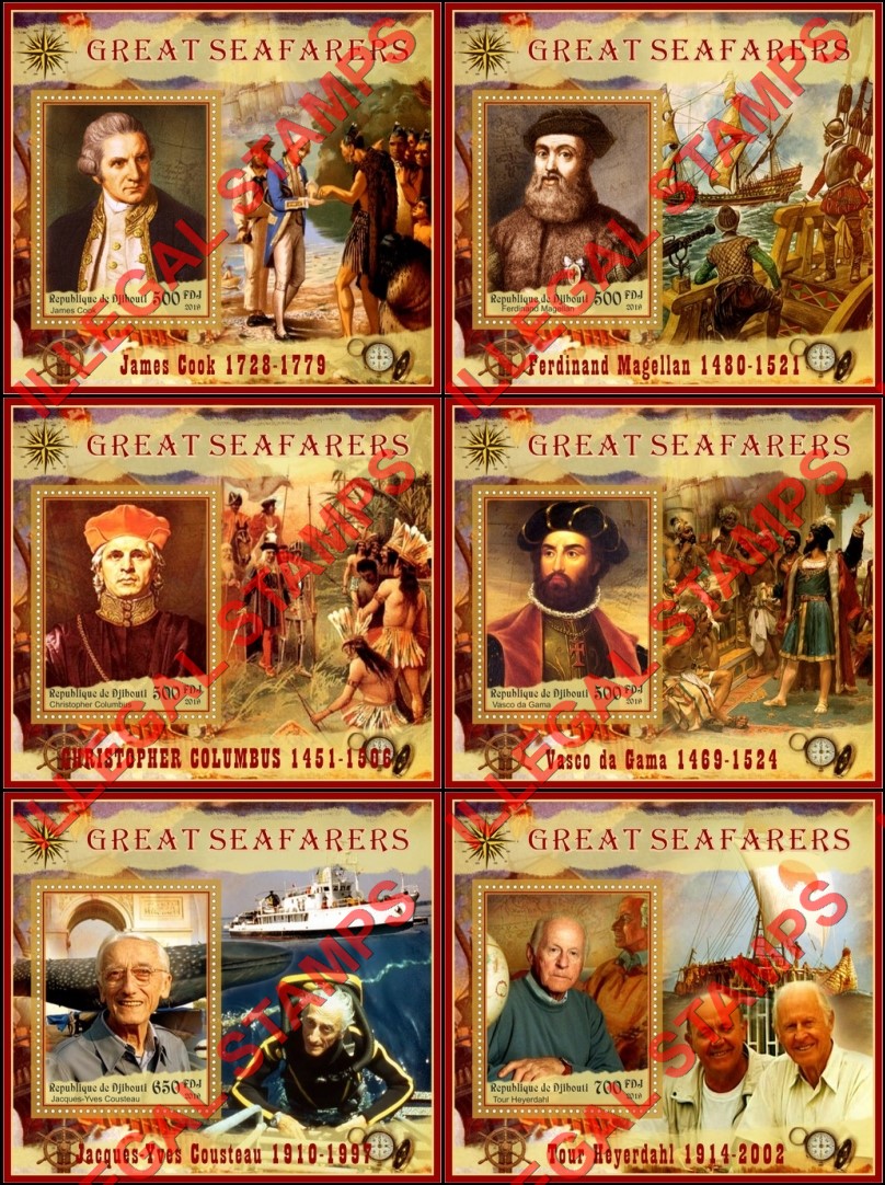Djibouti 2019 Great Seafarers Illegal Stamp Souvenir Sheets of 1 Djibouti 2019 Great Seafarers Illegal Stamp Souvenir Sheets of 1