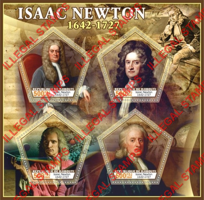 Djibouti 2019 Isaac Newton Illegal Stamp Souvenir Sheet of 4 Djibouti 2019 Isaac Newton Illegal Stamp Souvenir Sheet of 4