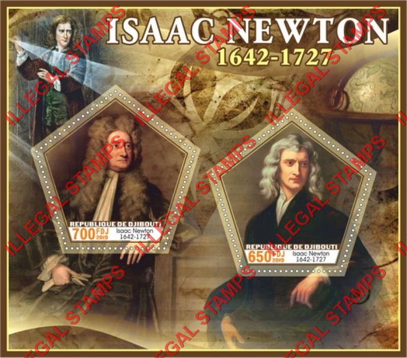 Djibouti 2019 Isaac Newton Illegal Stamp Souvenir Sheet of 2 Djibouti 2019 Isaac Newton Illegal Stamp Souvenir Sheet of 2