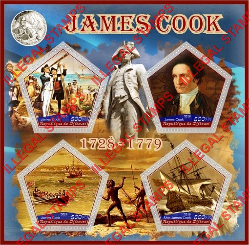 Djibouti 2019 James Cook Illegal Stamp Souvenir Sheet of 4 Djibouti 2019 James Cook Illegal Stamp Souvenir Sheet of 4