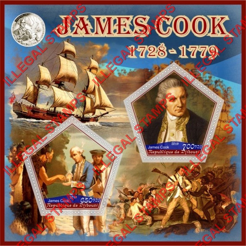 Djibouti 2019 James Cook Illegal Stamp Souvenir Sheet of 2 Djibouti 2019 James Cook Illegal Stamp Souvenir Sheet of 2