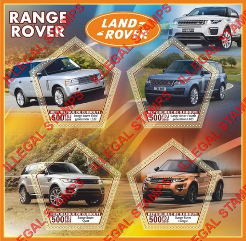 Djibouti 2019 Land Rover Range Rover Illegal Stamp Souvenir Sheet of 4 Djibouti 2019 Land Rover Range Rover Illegal Stamp Souvenir Sheet of 4