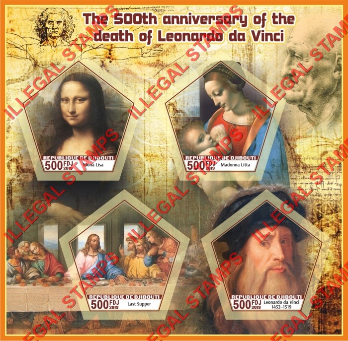 Djibouti 2019 Leonardo da Vinci Paintings Illegal Stamp Souvenir Sheet of 4 Djibouti 2019 Leonardo da Vinci Paintings Illegal Stamp Souvenir Sheet of 4