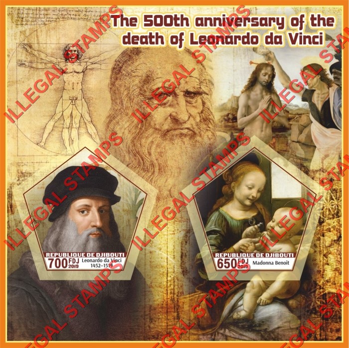 Djibouti 2019 Leonardo da Vinci Paintings Illegal Stamp Souvenir Sheet of 2 Djibouti 2019 Leonardo da Vinci Paintings Illegal Stamp Souvenir Sheet of 2