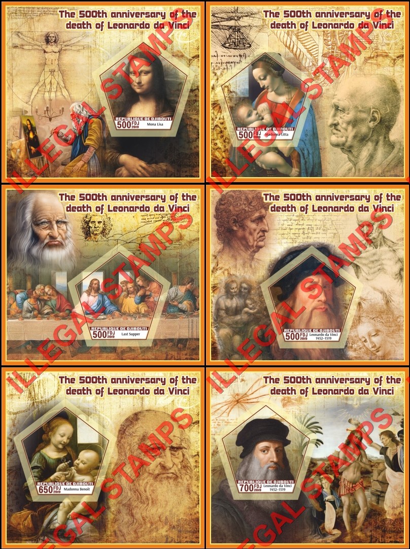 Djibouti 2019 Leonardo da Vinci Paintings Illegal Stamp Souvenir Sheets of 1 Djibouti 2019 Leonardo da Vinci Paintings Illegal Stamp Souvenir Sheets of 1