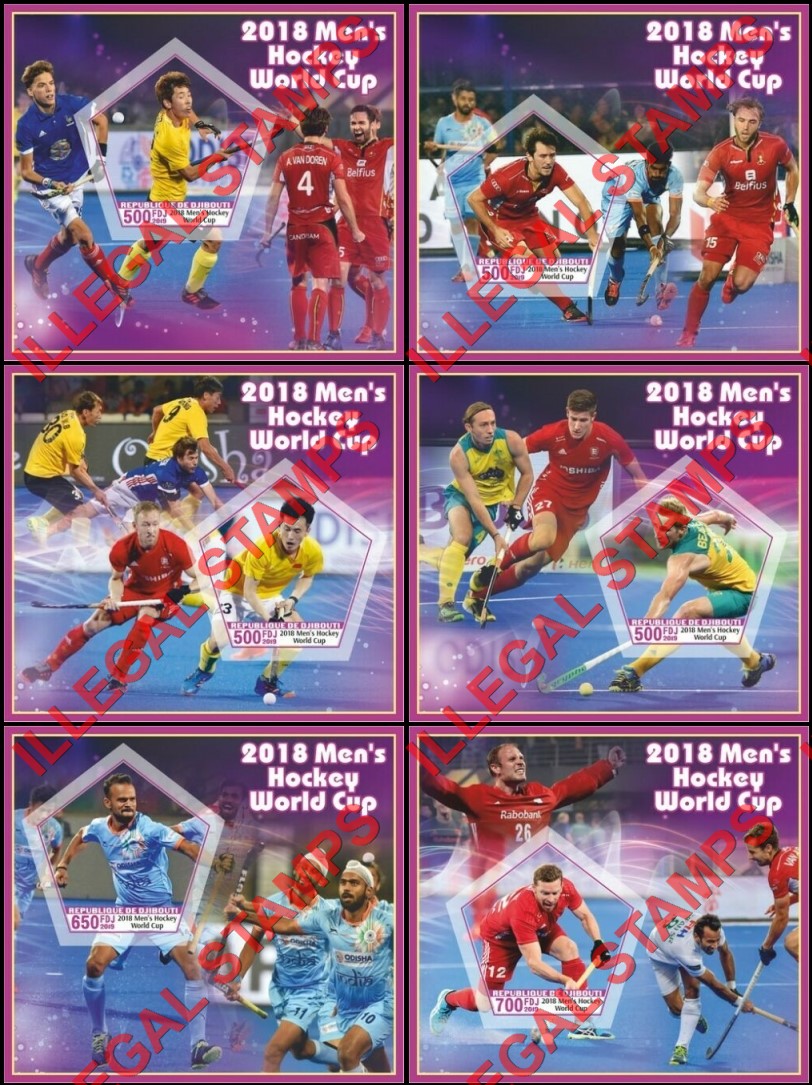 Djibouti 2019 Men's Hockey 2018 World Cup Illegal Stamp Souvenir Sheets of 1 Djibouti 2019 Men's Hockey 2018 World Cup Illegal Stamp Souvenir Sheets of 1