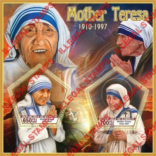 Djibouti 2019 Mother Teresa Illegal Stamp Souvenir Sheet of 2 Djibouti 2019 Mother Teresa Illegal Stamp Souvenir Sheet of 2