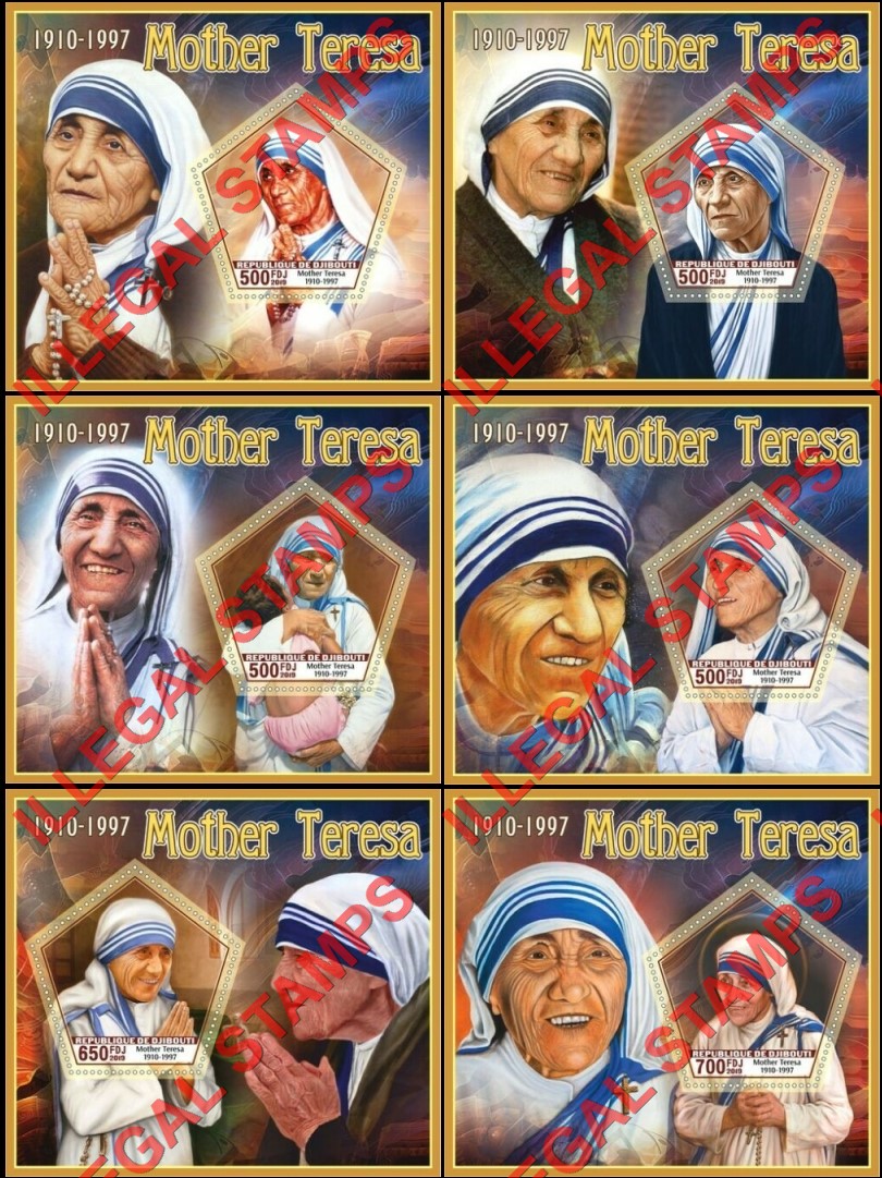 Djibouti 2019 Mother Teresa Illegal Stamp Souvenir Sheets of 1 Djibouti 2019 Mother Teresa Illegal Stamp Souvenir Sheets of 1