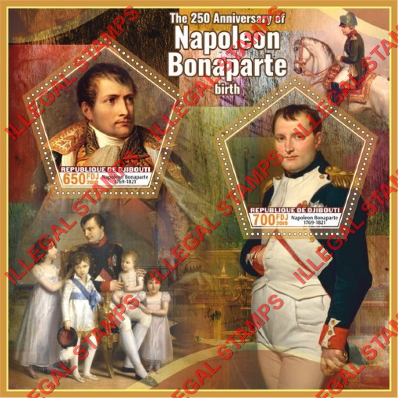 Djibouti 2019 Napoleon Bonaparte Illegal Stamp Souvenir Sheet of 2 Djibouti 2019 Napoleon Bonaparte Illegal Stamp Souvenir Sheet of 2