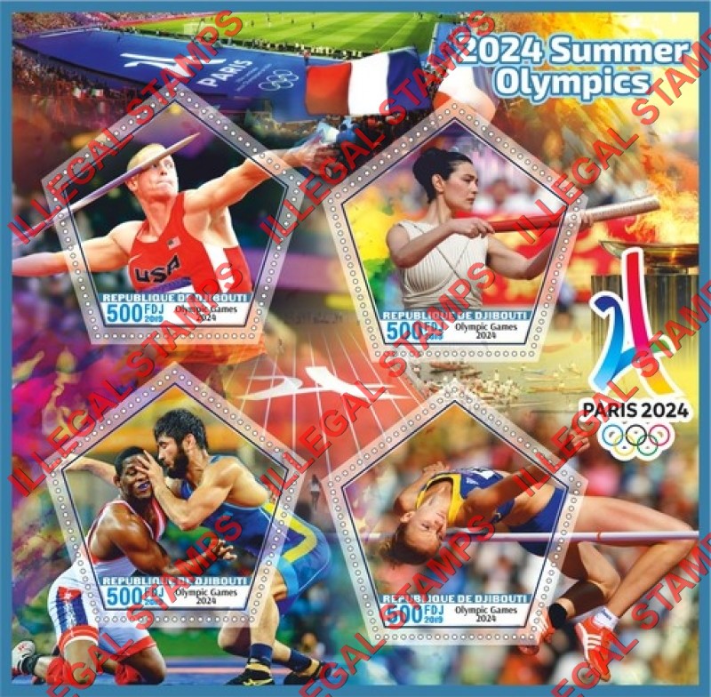 Djibouti 2019 Olympic Games in Paris in 2024 Counterfeit Illegal Stamp Souvenir Sheet of 4 Djibouti 2019 Olympic Games in Paris in 2024 Counterfeit Illegal Stamp Souvenir Sheet of 4