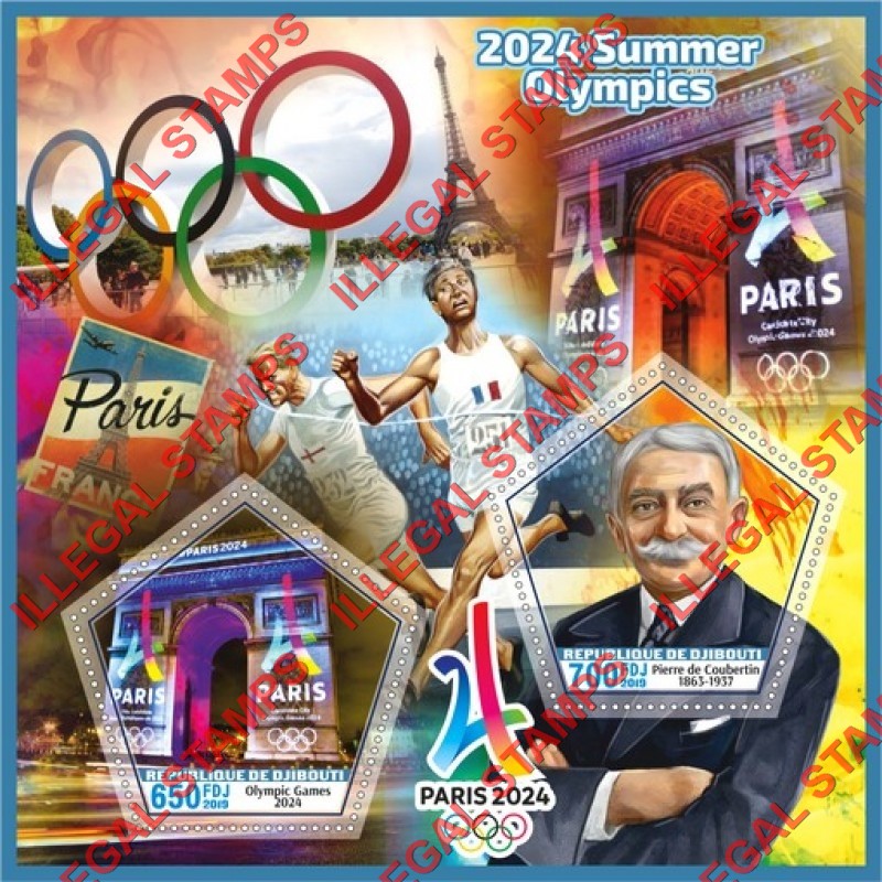 Djibouti 2019 Olympic Games in Paris in 2024 Counterfeit Illegal Stamp Souvenir Sheet of 2 Djibouti 2019 Olympic Games in Paris in 2024 Counterfeit Illegal Stamp Souvenir Sheet of 2