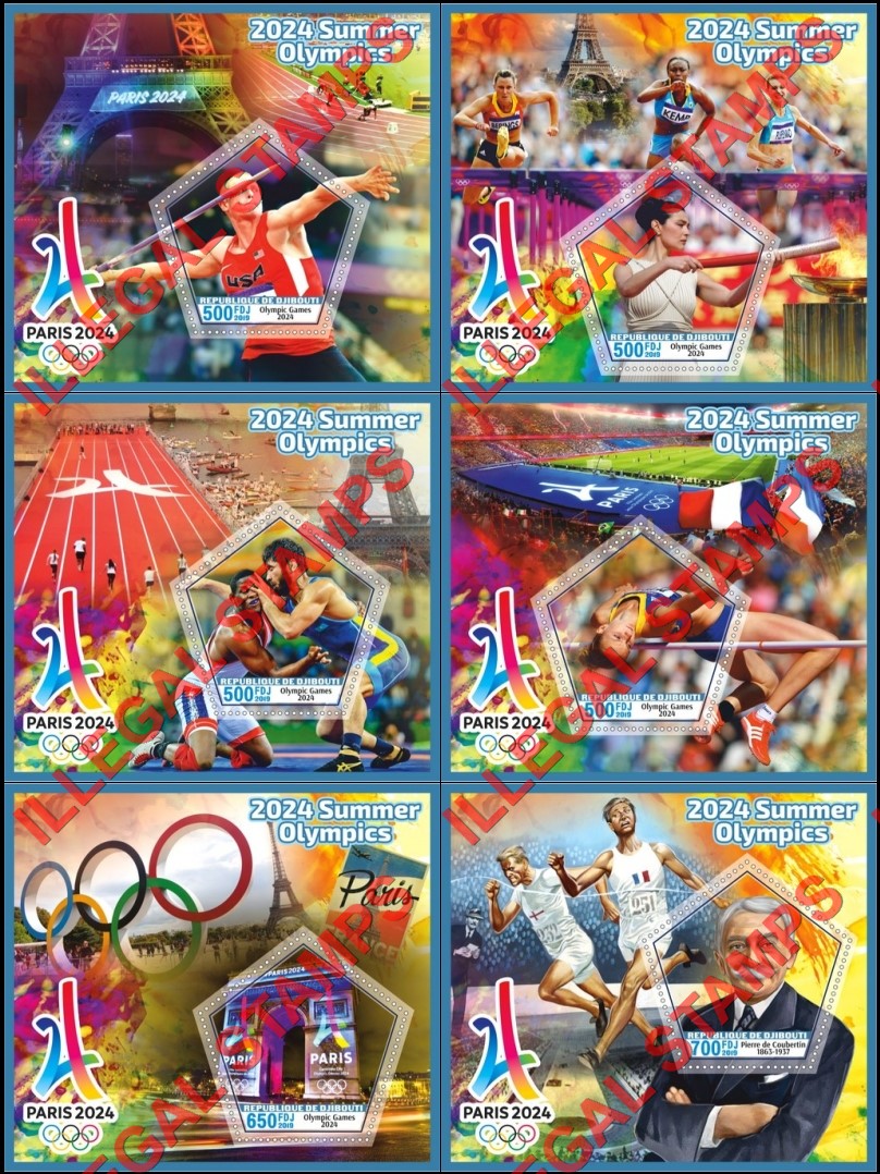 Djibouti 2019 Olympic Games in Paris in 2024 Counterfeit Illegal Stamp Souvenir Sheets of 1 Djibouti 2019 Olympic Games in Paris in 2024 Counterfeit Illegal Stamp Souvenir Sheets of 1