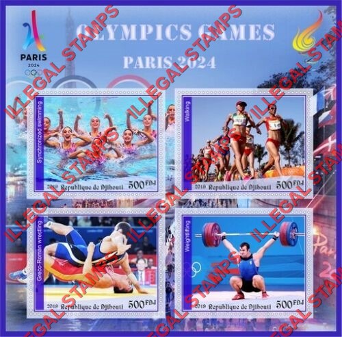 Djibouti 2019 Olympic Games in Paris 2024 Illegal Stamp Souvenir Sheet of 4 Djibouti 2019 Olympic Games in Paris 2024 Illegal Stamp Souvenir Sheet of 4
