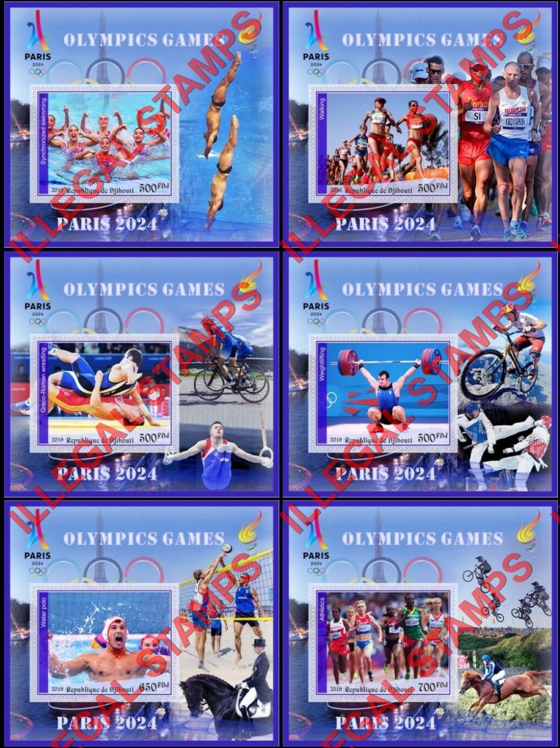 Djibouti 2019 Olympic Games in Paris 2024 Illegal Stamp Souvenir Sheets of 1 Djibouti 2019 Olympic Games in Paris 2024 Illegal Stamp Souvenir Sheets of 1