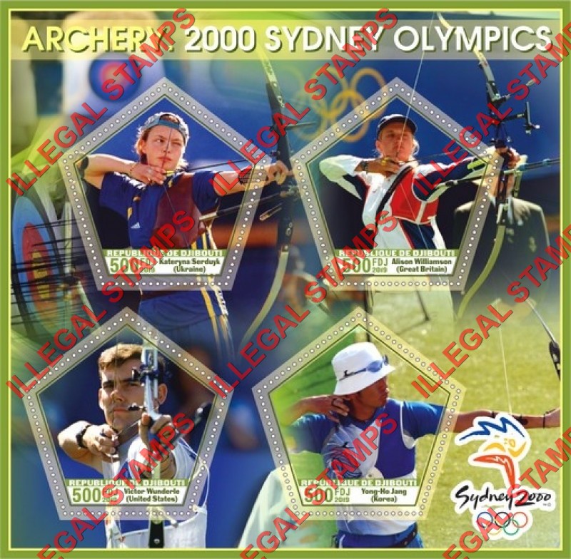 Djibouti 2019 Olympic Games in Sydney 2000 Archery Illegal Stamp Souvenir Sheet of 4 Djibouti 2019 Olympic Games in Sydney 2000 Archery Illegal Stamp Souvenir Sheet of 4