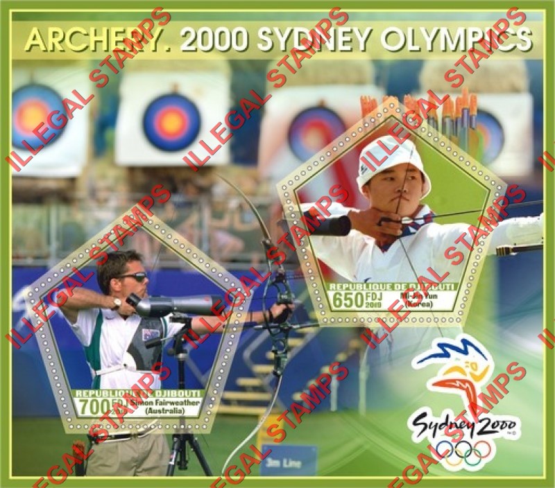Djibouti 2019 Olympic Games in Sydney 2000 Archery Illegal Stamp Souvenir Sheet of 2 Djibouti 2019 Olympic Games in Sydney 2000 Archery Illegal Stamp Souvenir Sheet of 2