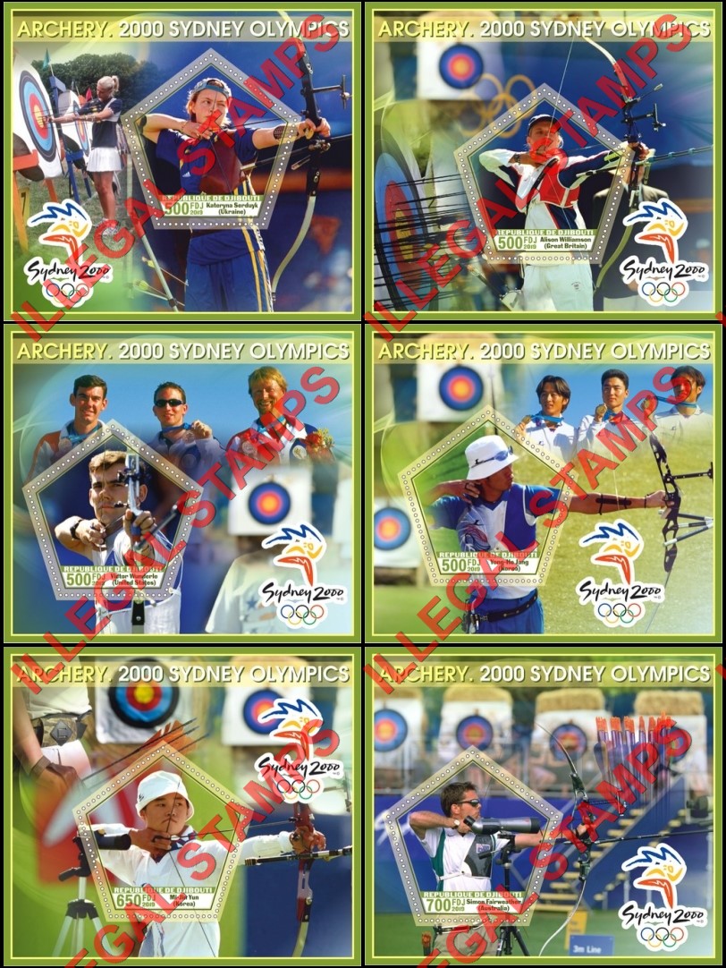 Djibouti 2019 Olympic Games in Sydney 2000 Archery Illegal Stamp Souvenir Sheets of 1 Djibouti 2019 Olympic Games in Sydney 2000 Archery Illegal Stamp Souvenir Sheets of 1