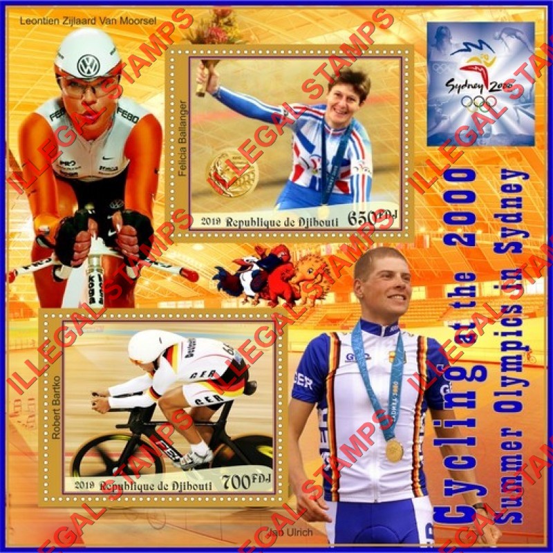 Djibouti 2019 Olympic Games in Sydney 2000 Cycling Illegal Stamp Souvenir Sheet of 2 Djibouti 2019 Olympic Games in Sydney 2000 Cycling Illegal Stamp Souvenir Sheet of 2