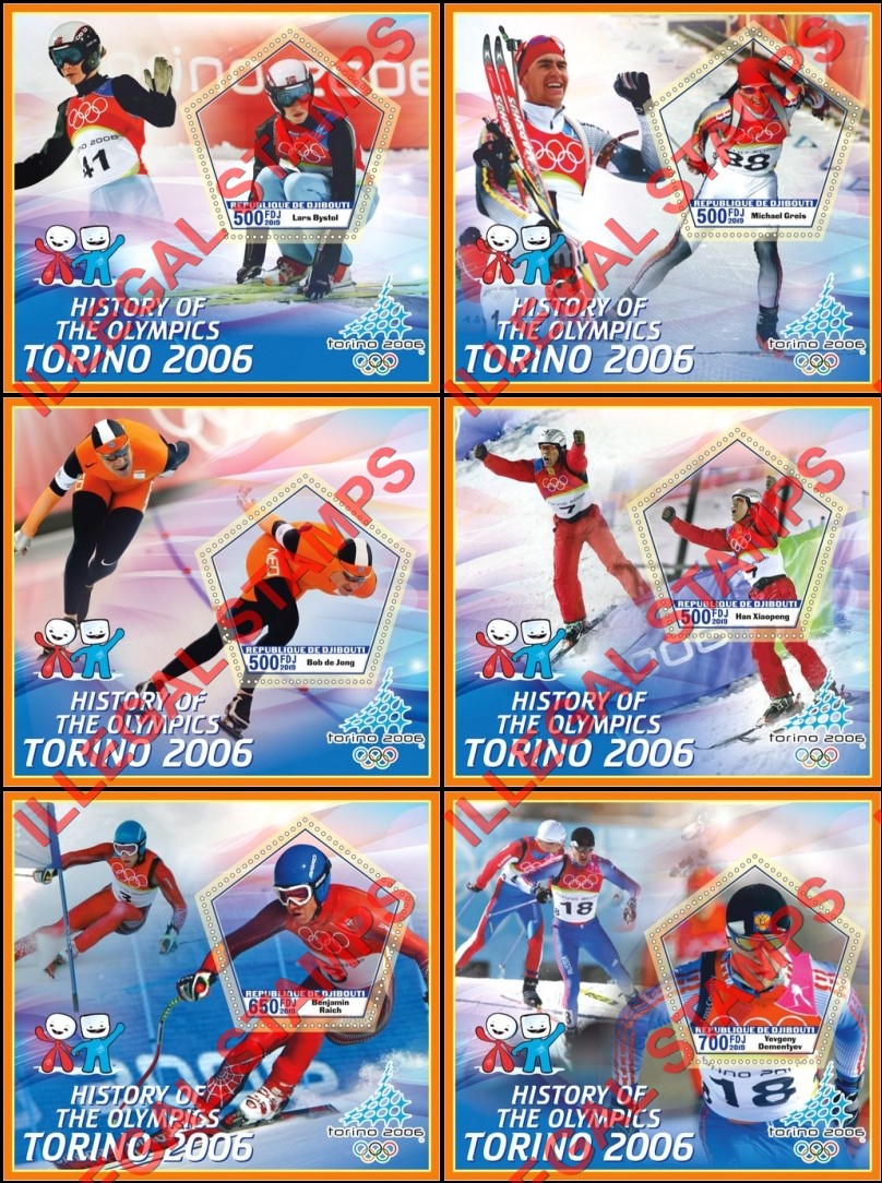 Djibouti 2019 Olympic Games History in Torino 2006 Illegal Stamp Souvenir Sheets of 1 Djibouti 2019 Olympic Games History in Torino 2006 Illegal Stamp Souvenir Sheets of 1