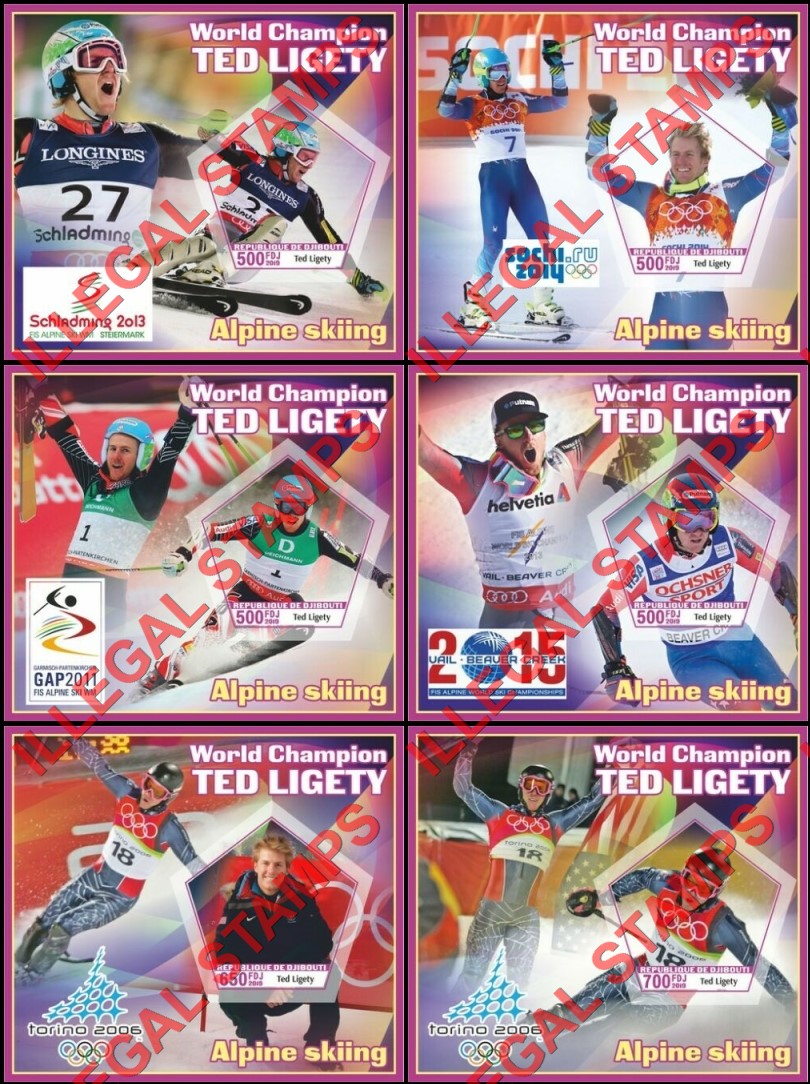 Djibouti 2019 Olympics Alpine Skiing Ted Ligety Illegal Stamp Souvenir Sheets of 1 Djibouti 2019 Olympics Alpine Skiing Ted Ligety Illegal Stamp Souvenir Sheets of 1