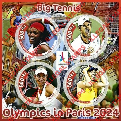 Djibouti 2019 Olympics Tennis Illegal Stamp Souvenir Sheet of 4 Djibouti 2019 Olympics Tennis Illegal Stamp Souvenir Sheet of 4