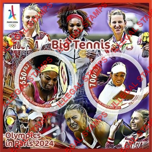 Djibouti 2019 Olympics Tennis Illegal Stamp Souvenir Sheet of 2 Djibouti 2019 Olympics Tennis Illegal Stamp Souvenir Sheet of 2