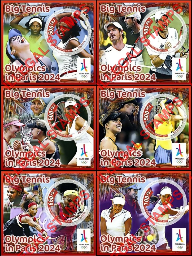 Djibouti 2019 Olympics Tennis Illegal Stamp Souvenir Sheets of 1 Djibouti 2019 Olympics Tennis Illegal Stamp Souvenir Sheets of 1