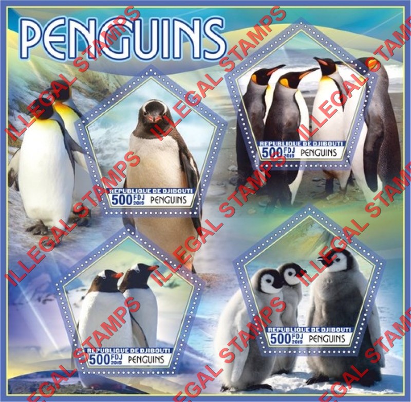 Djibouti 2019 Penguins Illegal Stamp Souvenir Sheet of 4 Djibouti 2019 Penguins Illegal Stamp Souvenir Sheet of 4
