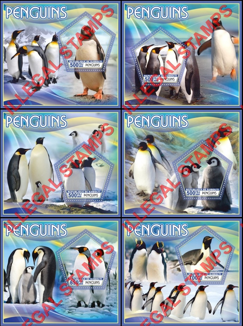 Djibouti 2019 Penguins Illegal Stamp Souvenir Sheets of 1 Djibouti 2019 Penguins Illegal Stamp Souvenir Sheets of 1