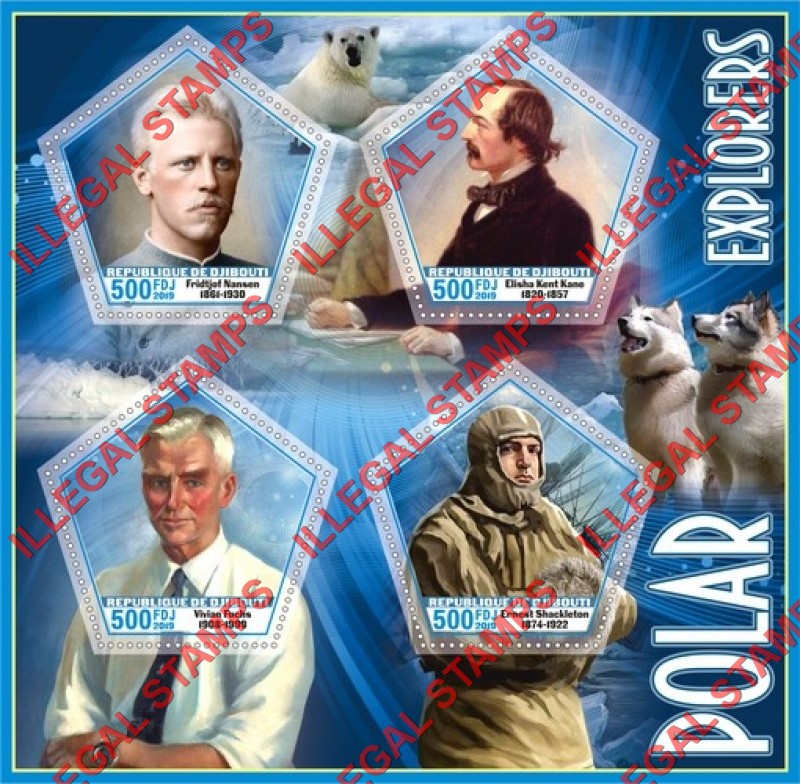 Djibouti 2019 Polar Explorers Illegal Stamp Souvenir Sheet of 4 Djibouti 2019 Polar Explorers Illegal Stamp Souvenir Sheet of 4