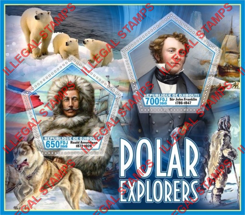 Djibouti 2019 Polar Explorers Illegal Stamp Souvenir Sheet of 2 Djibouti 2019 Polar Explorers Illegal Stamp Souvenir Sheet of 2