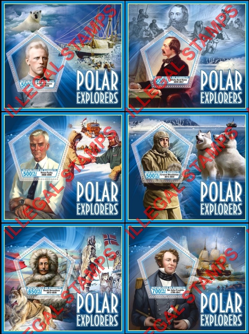 Djibouti 2019 Polar Explorers Illegal Stamp Souvenir Sheets of 1 Djibouti 2019 Polar Explorers Illegal Stamp Souvenir Sheets of 1
