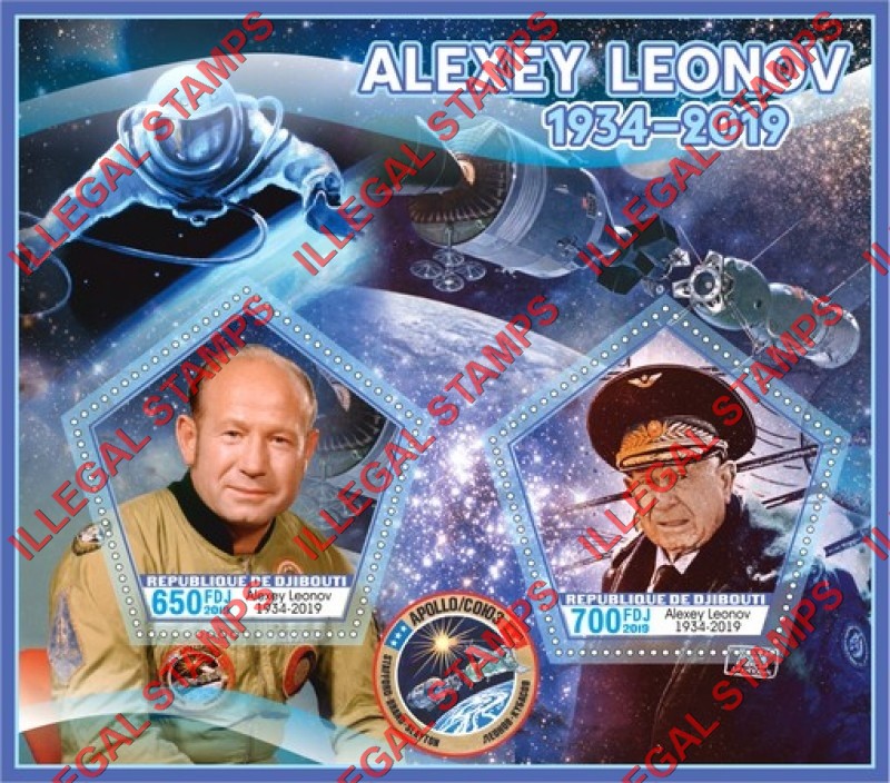 Djibouti 2019 Space Alexey Leonov Illegal Stamp Souvenir Sheet of 2 Djibouti 2019 Space Alexey Leonov Illegal Stamp Souvenir Sheet of 2