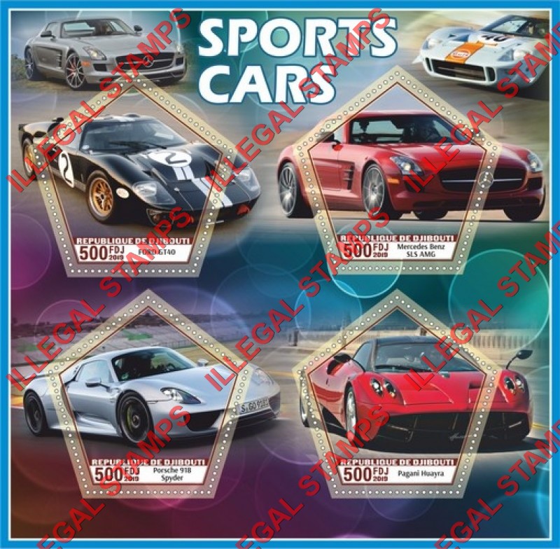 Djibouti 2019 Sports Cars Illegal Stamp Souvenir Sheet of 4 Djibouti 2019 Sports Cars Illegal Stamp Souvenir Sheet of 4
