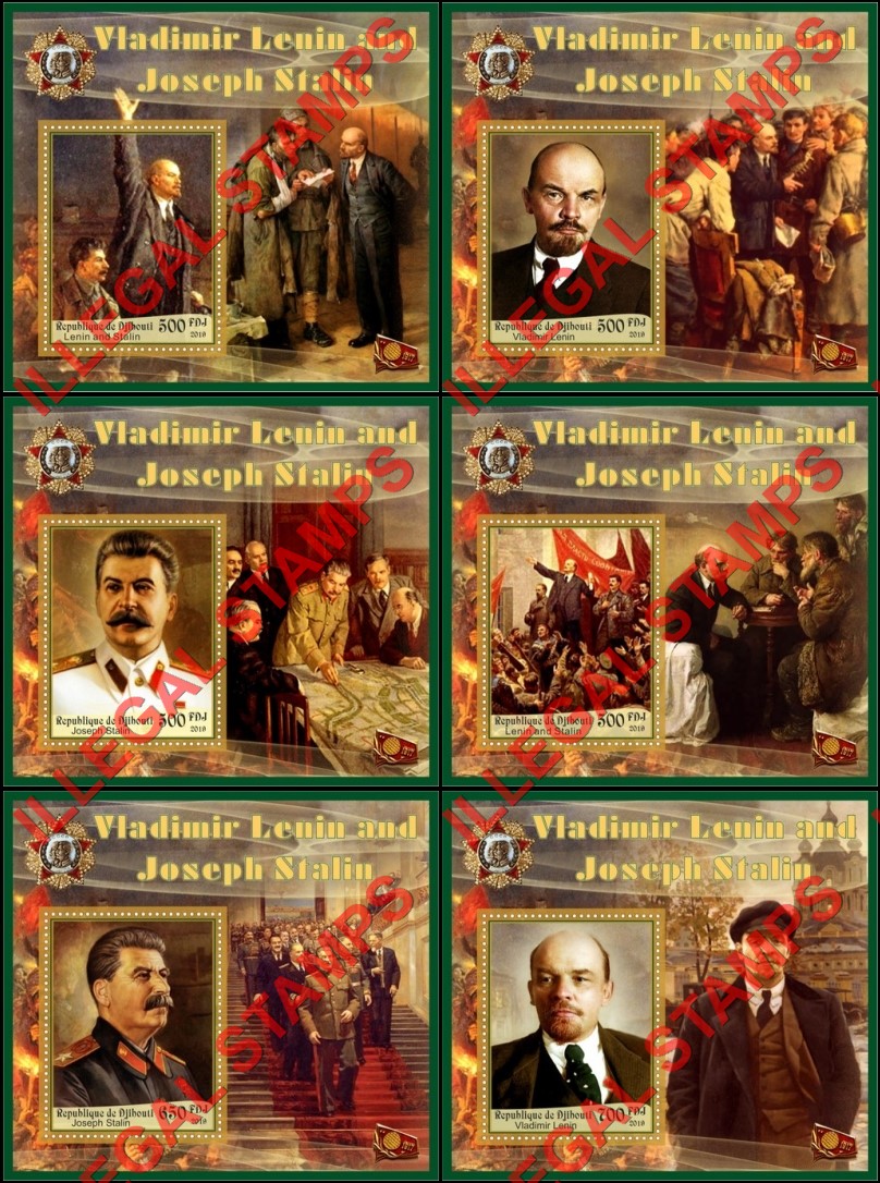 Djibouti 2019 Stalin and Lenin (different) Illegal Stamp Souvenir Sheets of 1 Djibouti 2019 Stalin and Lenin (different) Illegal Stamp Souvenir Sheets of 1