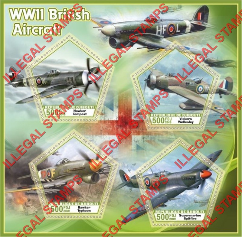 Djibouti 2019 World War II British Aircraft Illegal Stamp Souvenir Sheet of 4 Djibouti 2019 World War II British Aircraft Illegal Stamp Souvenir Sheet of 4