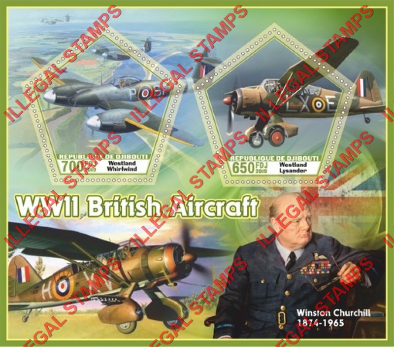 Djibouti 2019 World War II British Aircraft Illegal Stamp Souvenir Sheet of 2 Djibouti 2019 World War II British Aircraft Illegal Stamp Souvenir Sheet of 2