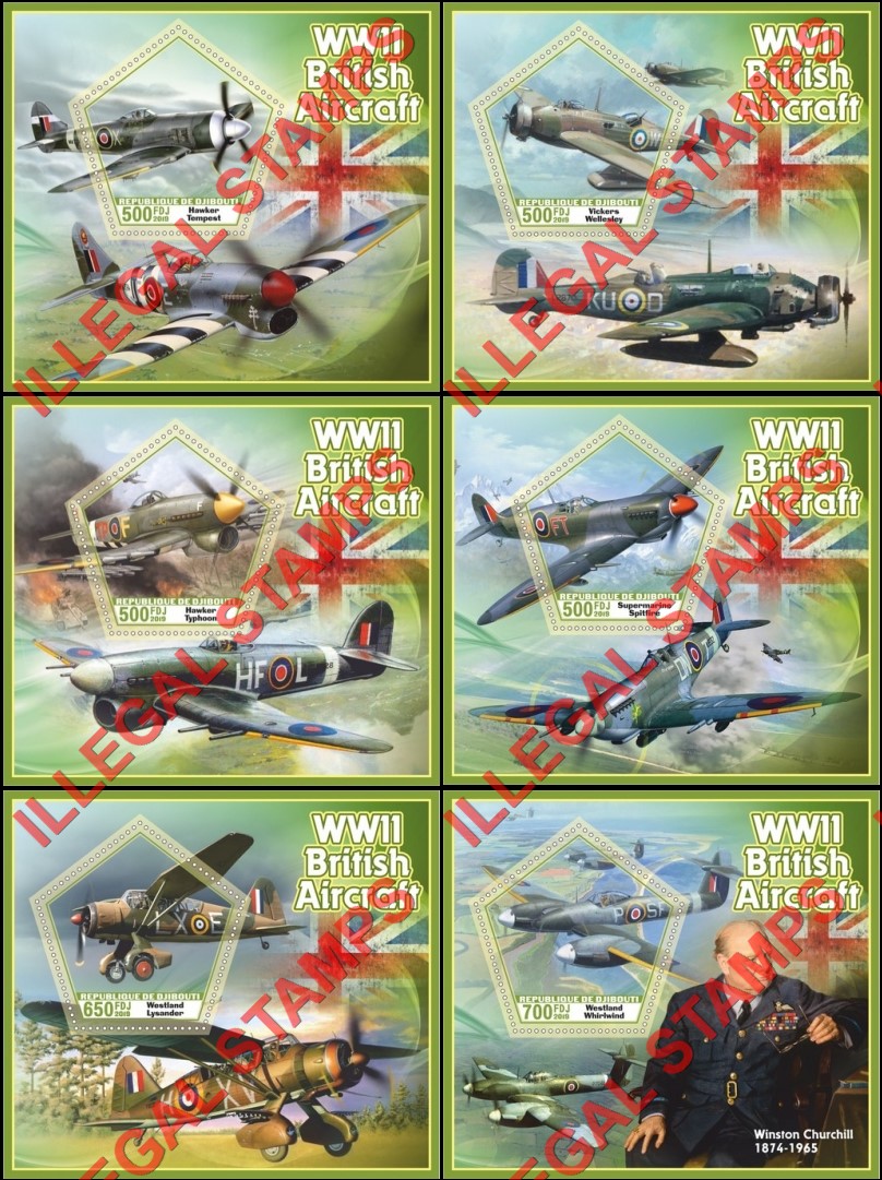 Djibouti 2019 World War II British Aircraft Illegal Stamp Souvenir Sheets of 1 Djibouti 2019 World War II British Aircraft Illegal Stamp Souvenir Sheets of 1