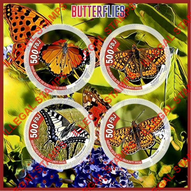 Djibouti 2020 Butterflies (different) Illegal Stamp Souvenir Sheet of 4 Djibouti 2020 Butterflies (different) Illegal Stamp Souvenir Sheet of 4