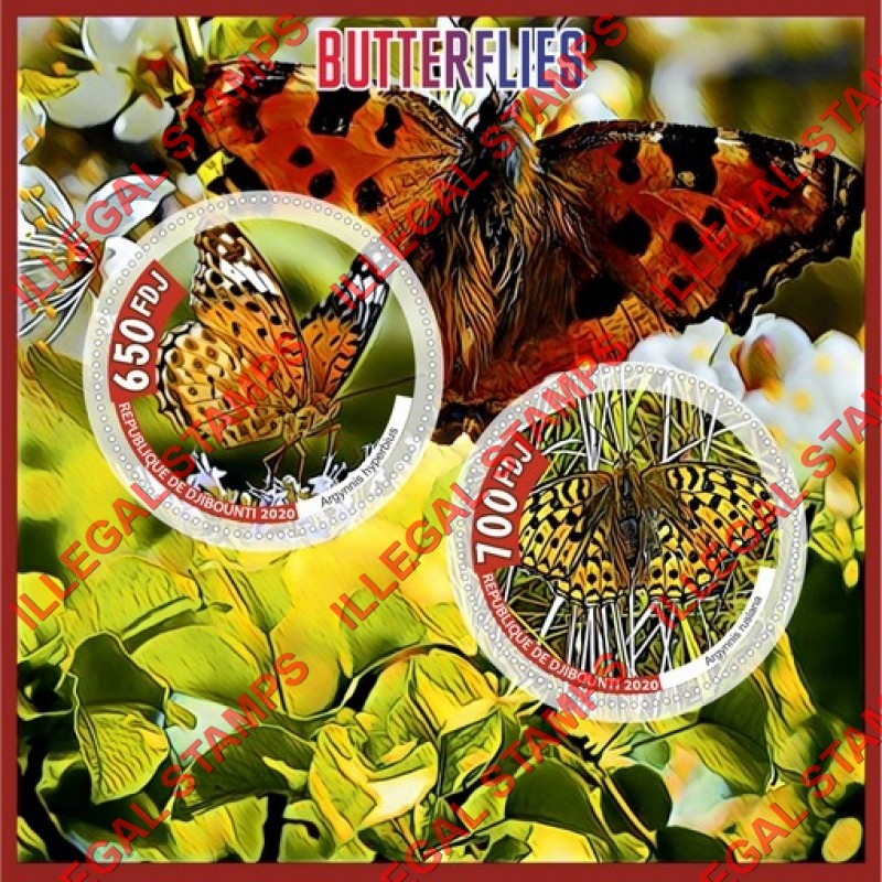Djibouti 2020 Butterflies (different) Illegal Stamp Souvenir Sheet of 2 Djibouti 2020 Butterflies (different) Illegal Stamp Souvenir Sheet of 2