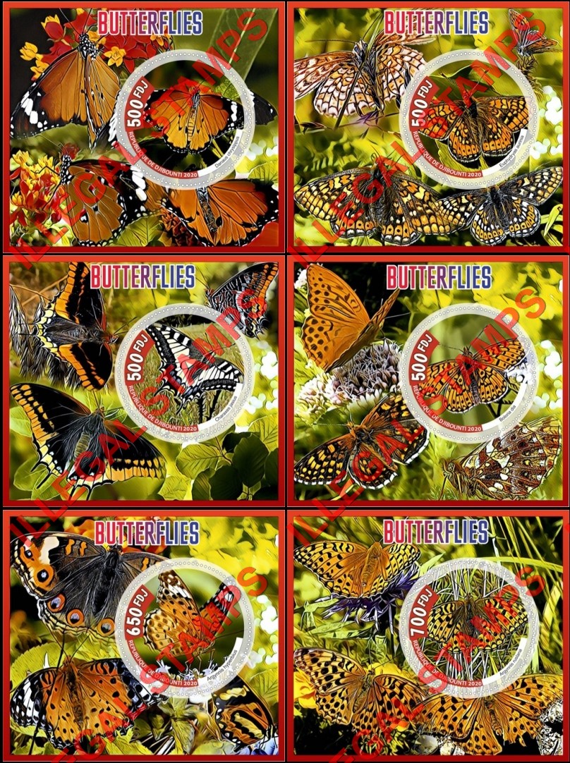 Djibouti 2020 Butterflies (different) Illegal Stamp Souvenir Sheets of 1 Djibouti 2020 Butterflies (different) Illegal Stamp Souvenir Sheets of 1